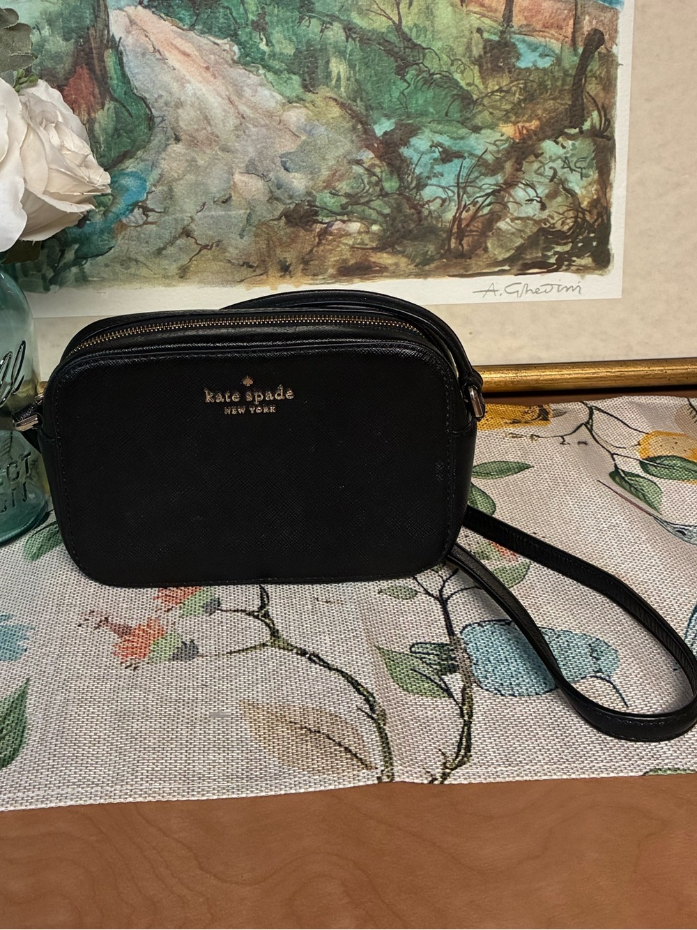 Kate Spade Black Leather Crossbody Bag with gold logo